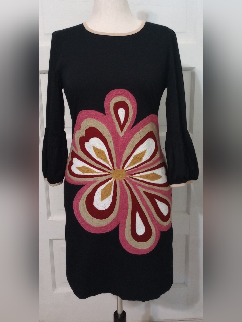 Black Long-Sleeve Dress with Pink & Gold Floral Appliqué